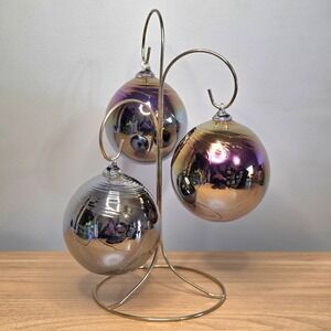 3 Iridescent Hand Blown Christmas Ornaments Art Glass Sphere With Matching Stand